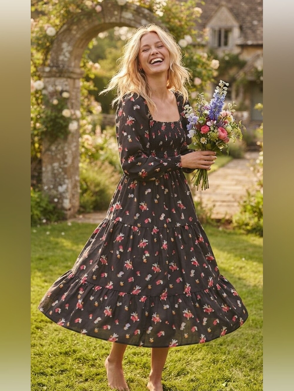 Nwt Hill House Home Black Floral Long-Sleeve Tiered Nap Dress S